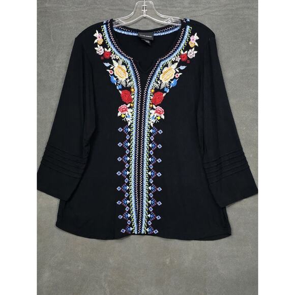 LIV Los Angeles Large Black Floral Embroidered Boho Casual Top Johnny Was - Picture 3 of 8